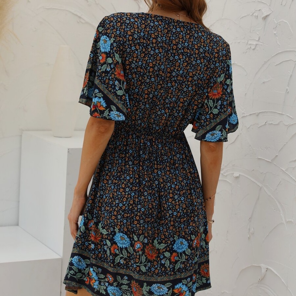 Boho Floral  V neck Waist Tie Ruffle Mini Dress - Picture 3 of 4